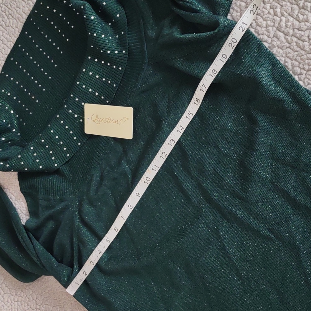Questions 2X Metallic Rhinestone Ribbed Trim Turtleneck Green Sweater - Picture 9 of 16